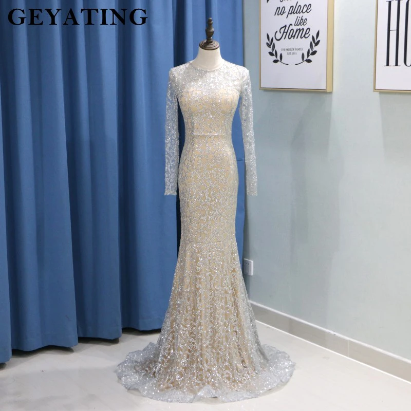 Shiny Silver Sequins Dubai Mermaid Evening Dress Long Sleeves Arabic Formal Prom Dresses 2019 Gold Bodycon Maxi Dress Party Gown