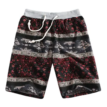 

2019 Summer Beach Pants Men's Fashion Casual Ethnic Style Red Printed Loose Linen Beach Shorts Pants Plus Size L413A