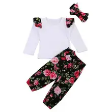 Комплекты одежды для новорожденных девочек топы с длинными рукавами, штаны с цветочным рисунком повязки на голову, комплект хлопковой одежды из 3 предметов