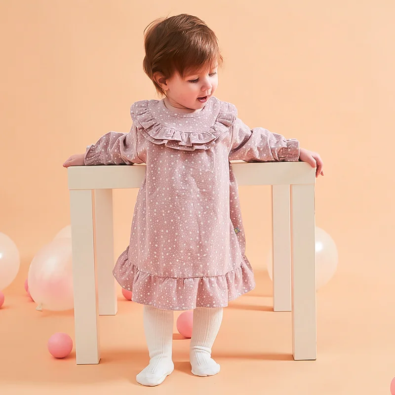 

2019 Spring New Dot Sweet Lovely Lace Fashion Cotton Little Girls Dresses Long Sleeve Dress Elegant Knee-Length Petal Sleeve