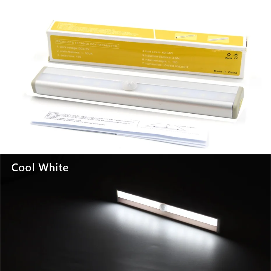 Беспроводной PIR датчик движения Ночной светильник Автоматическое включение/выключение энергосберегающий портативный шкаф лампа питание от батареи использование батареи AAA - Испускаемый цвет: Silver(Cool White)