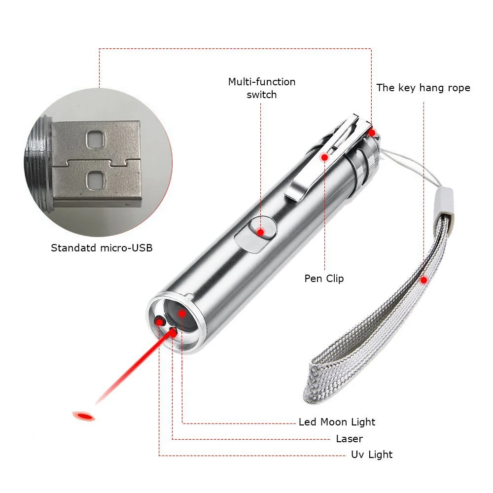 Многофункциональные лазеры мини красная лазерная указка USB Перезаряжаемый 3 в 1 фонарик перезаряжаемый УФ-фонарик лазер ручка