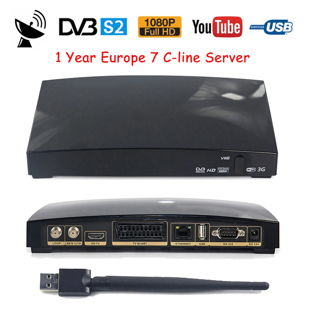 1 год Европа кабель сервер V8S спутниковый ресивер DVB S2 Full HD 1080 P V8s декодер MPEG 5 Bisskey