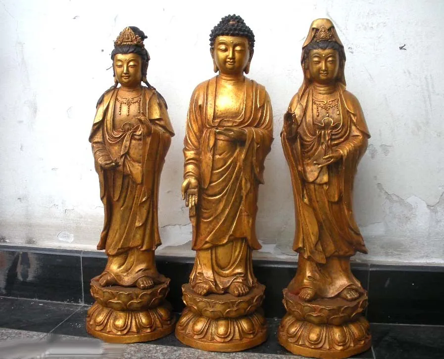

23"China Buddhism bronze Gild three Bodhisattva Sakyamuni Kwan Yin buddha Set free shipping