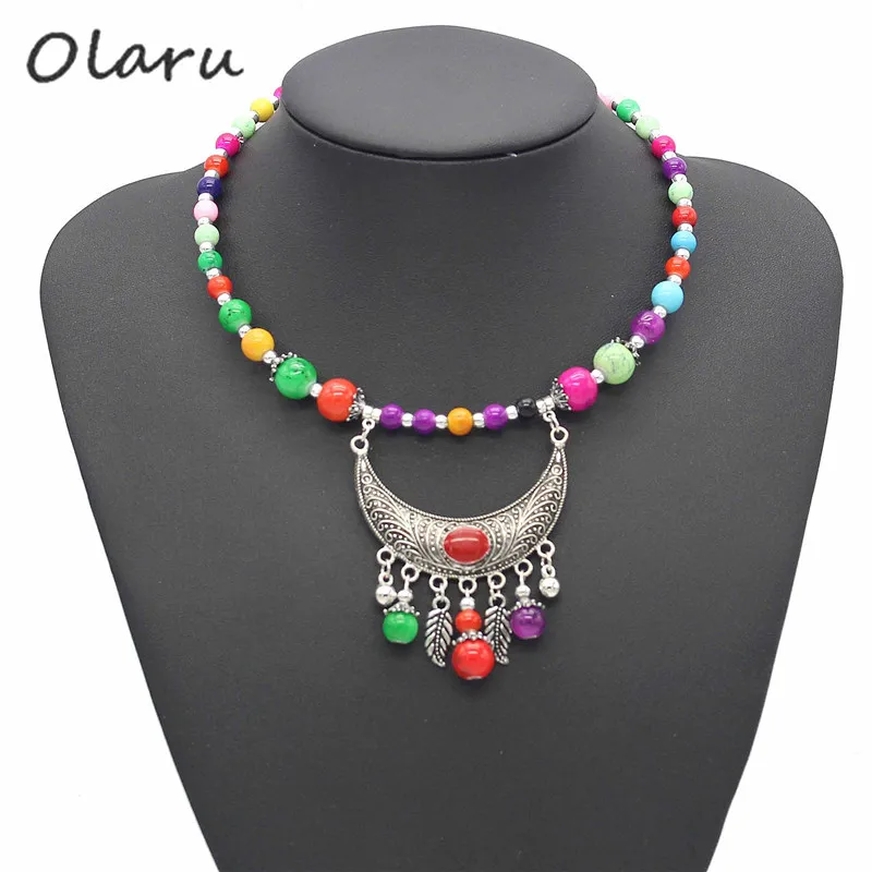 

Olaru Tibet Charms Bohemia Moon & Leaf Pendant Beads Choker Necklaces Woman Nation Collar Statement Necklace Accessories