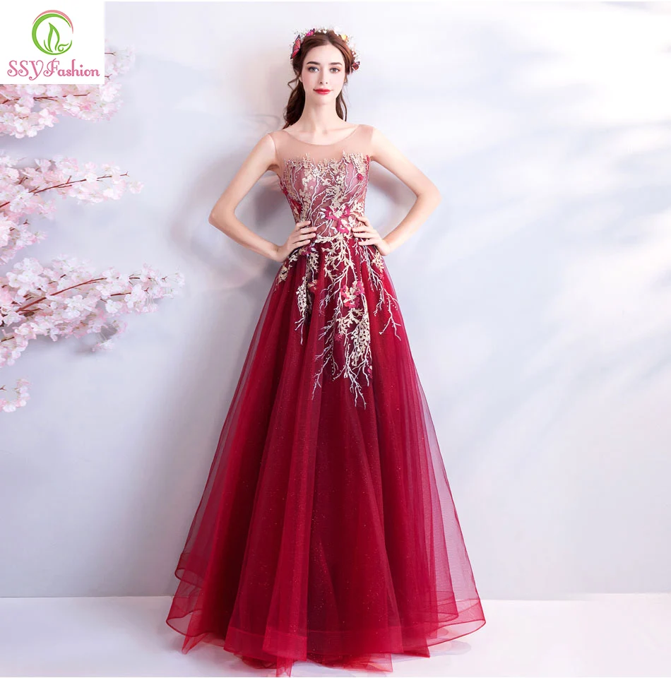 

SSYFashion New Elegant Evening Dress Wine Red Sleeveless Floor-length Lace Embroiery Beading Prom Party Gown Robe De Soiree