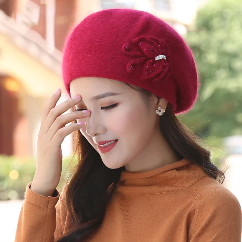 Angora Hat Women Winter Knit Cap Beanie Beret Warm Headwear Flower Casual Soft Classic Thermal Snow Outdoor Accessory (6)