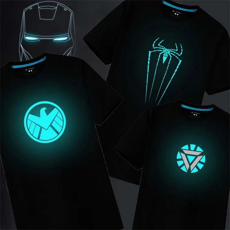 Moda luz reflece camiseta Superman camiseta iron man camisa de los hombres brillan en la oscuridad fluorescentes camiseta luminosos en la noche 100% algodón|shirts velvet|shirt fashion menshirt men polo -