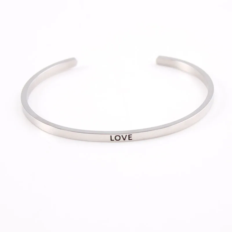 

Top Quality Love Stainless Steel Engraved Positive Inspirational Quote Cuff Mantra Bracelet Bangle Best Gifts For Women