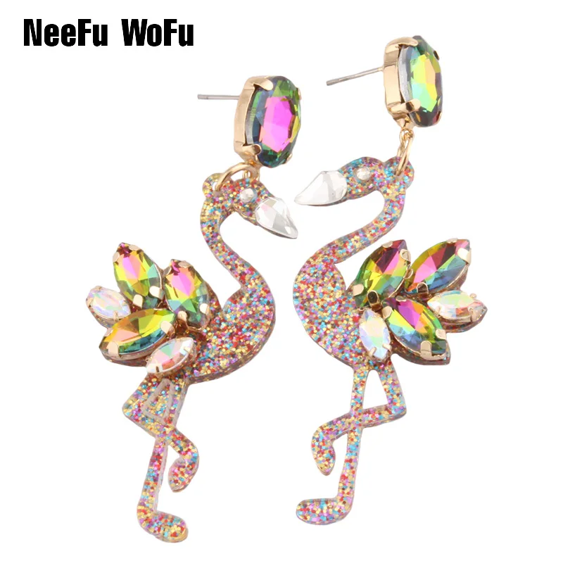 

NeeFu WoFu 2018 Crystal Long Earrings Big Flamingo Large Earrings For Women Resin Brincos Brand earrings Ear Fine Jewelry Gift