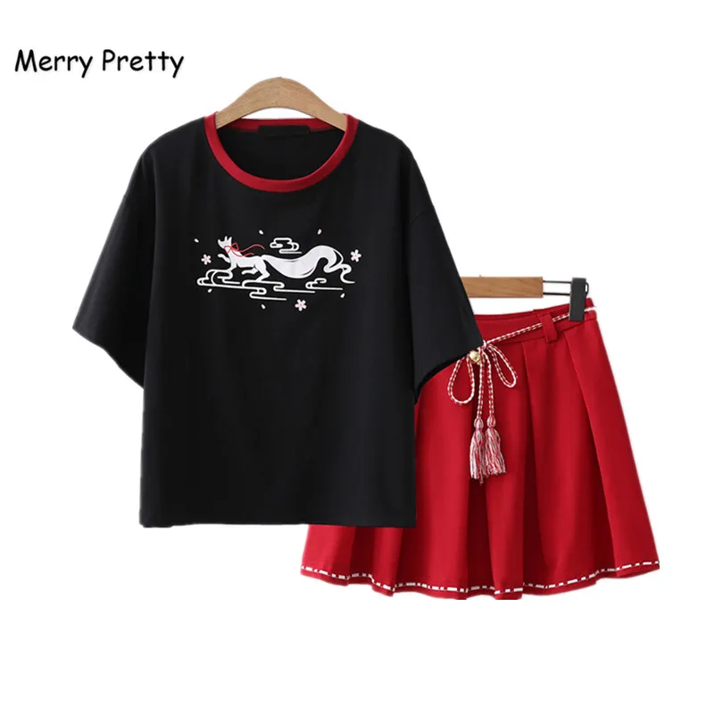 

Merry Pretty Women T Shirt And Mini Skirts 2 Piece Sets Vintage Black Short Sleeve T Shirts Chiffon Skirt With Sashes Girl Set