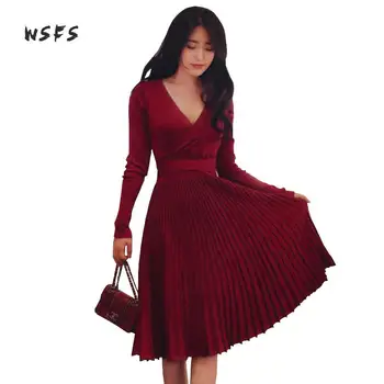 

Wsfs Autumn Pleated Dresses Black Wine Red Khaki Pink Knitted Long Sleeve Vneck Bandage Women Dress Sexy Vintage Sweater Dress