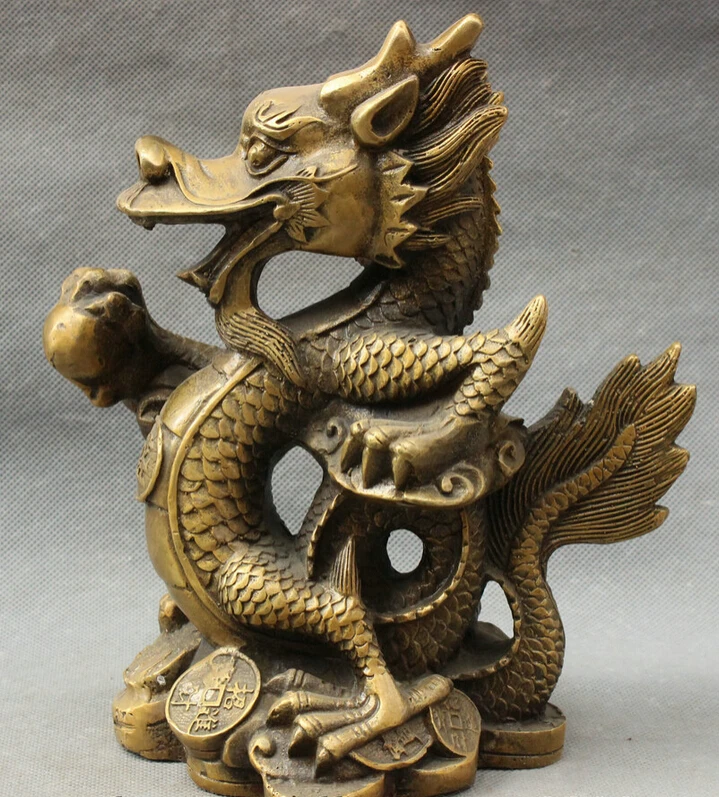 

S4369 9" Chinese Bronze Year Zodiac Wealth YuanBao Coin Dragon Head Statue Sculpture D0317
