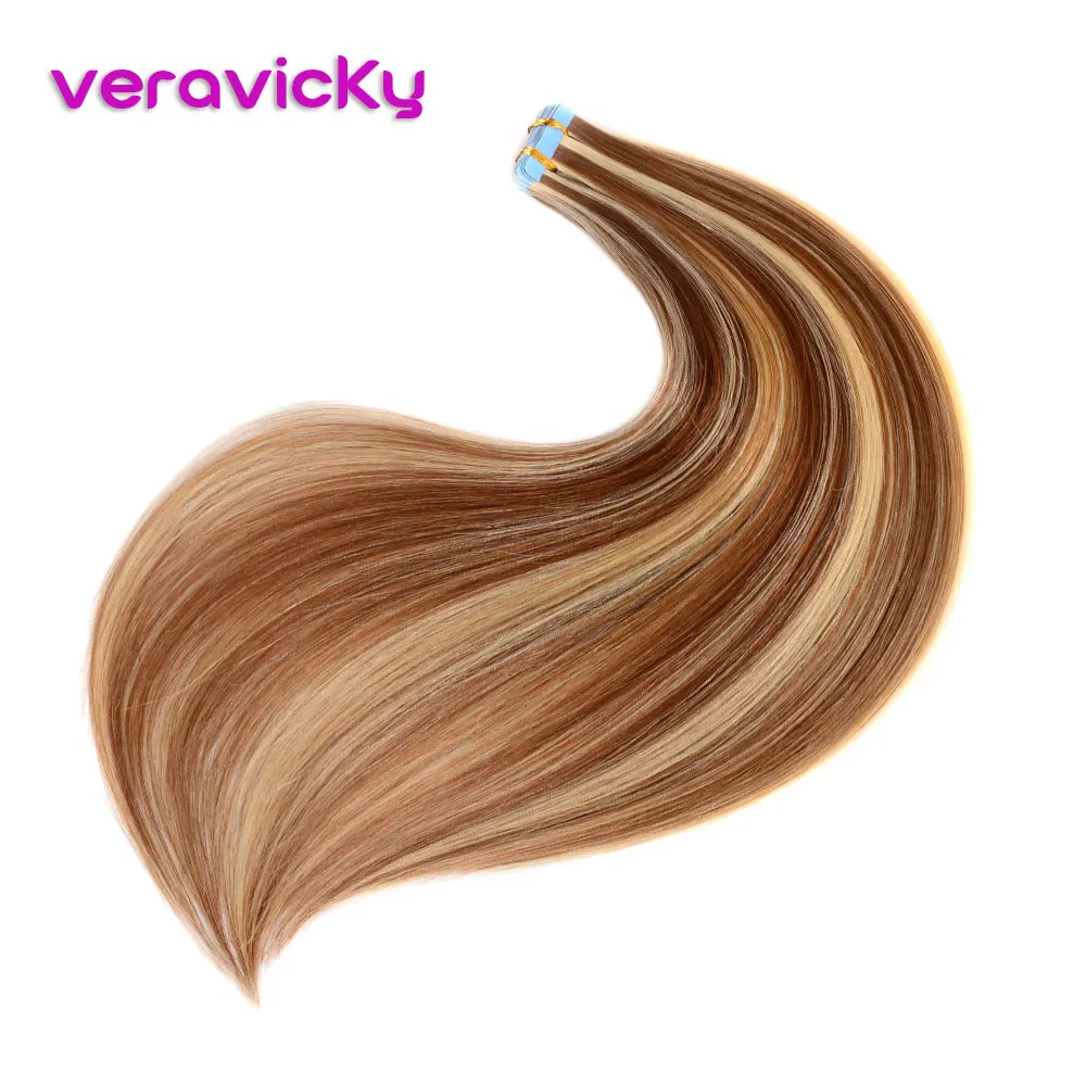 Veravicky волосы лента в человеческих волос для наращивания черный коричневый блонд прямые Remy на силиконовый, невидимый PU Weft расширение