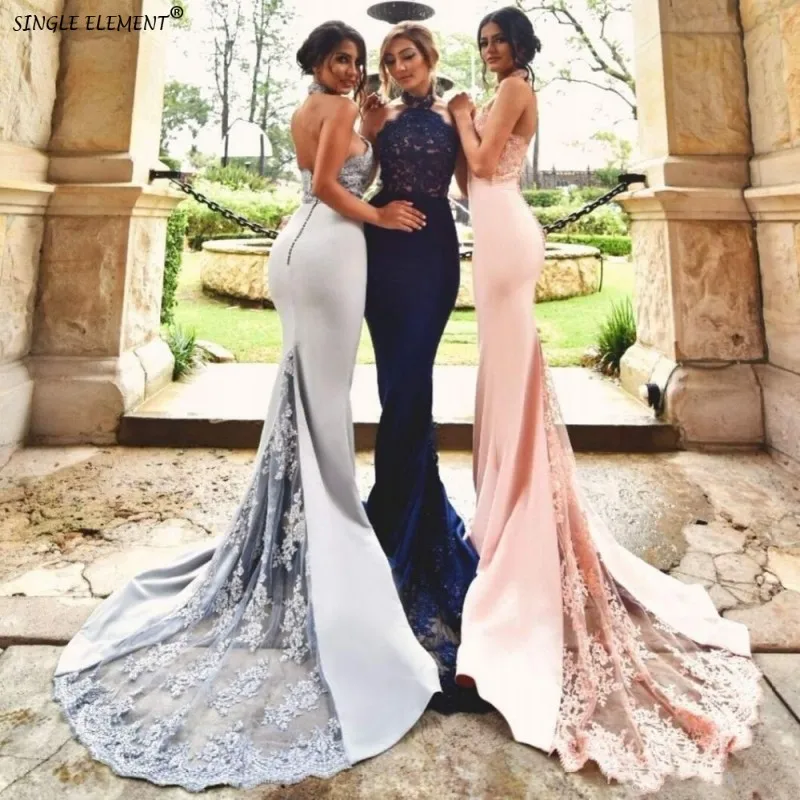 

SINGLE ELEMENT Backless 2019 Cheap Bridesmaid Dresses Mermaid Halter Lace Beaded Pink Long Wedding Party Dresses For Wedding