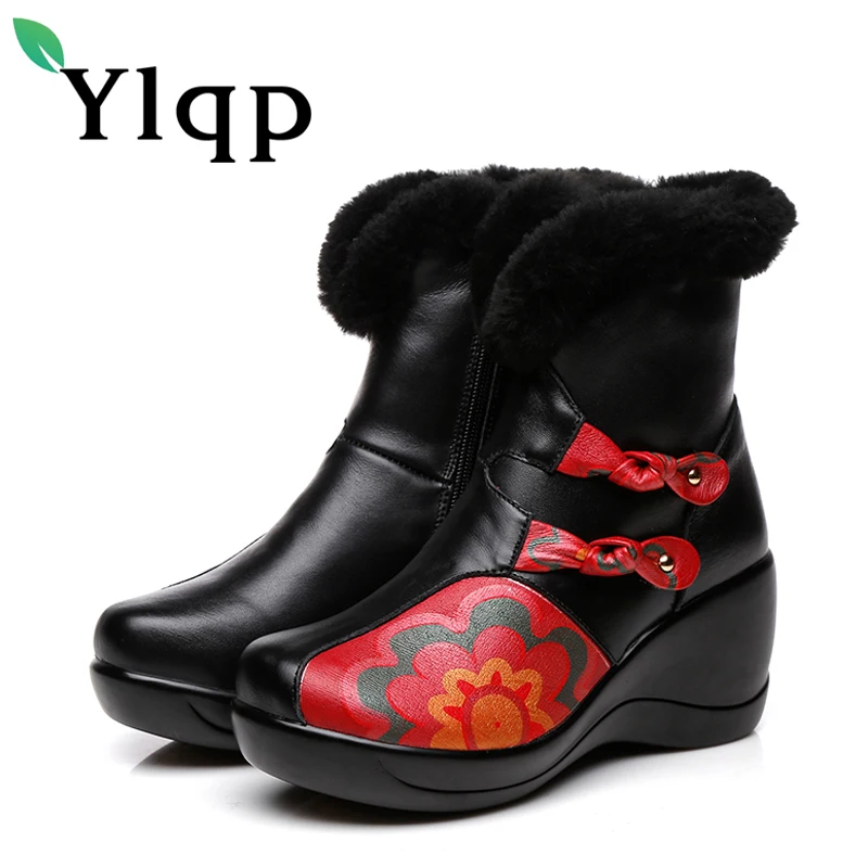 

Ylqp 2018 New National Flower Women's Short Boots British Style Retro Slope Floral Genuine Leather Women Boots Winter Warm Shoes