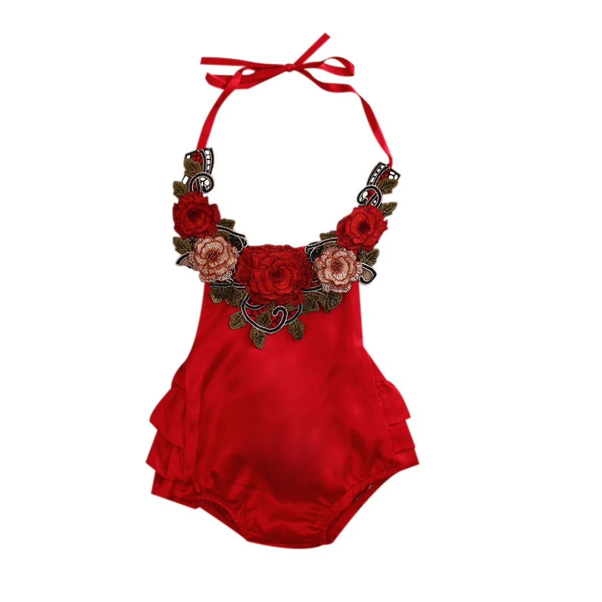 

Hot Sale Summer 2017 Newborn Baby Girl Belt Hanging Neck 3D Rose Flowers Romper Sleeveless Boho Halter Ruffles Jumpsuit Sunsuit