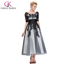 Grace Karin Long Lace Evening Dresses 2016 Elegant Half Sleeve Black White Champagne Formal Dress Ball Evening Gowns Plus Size