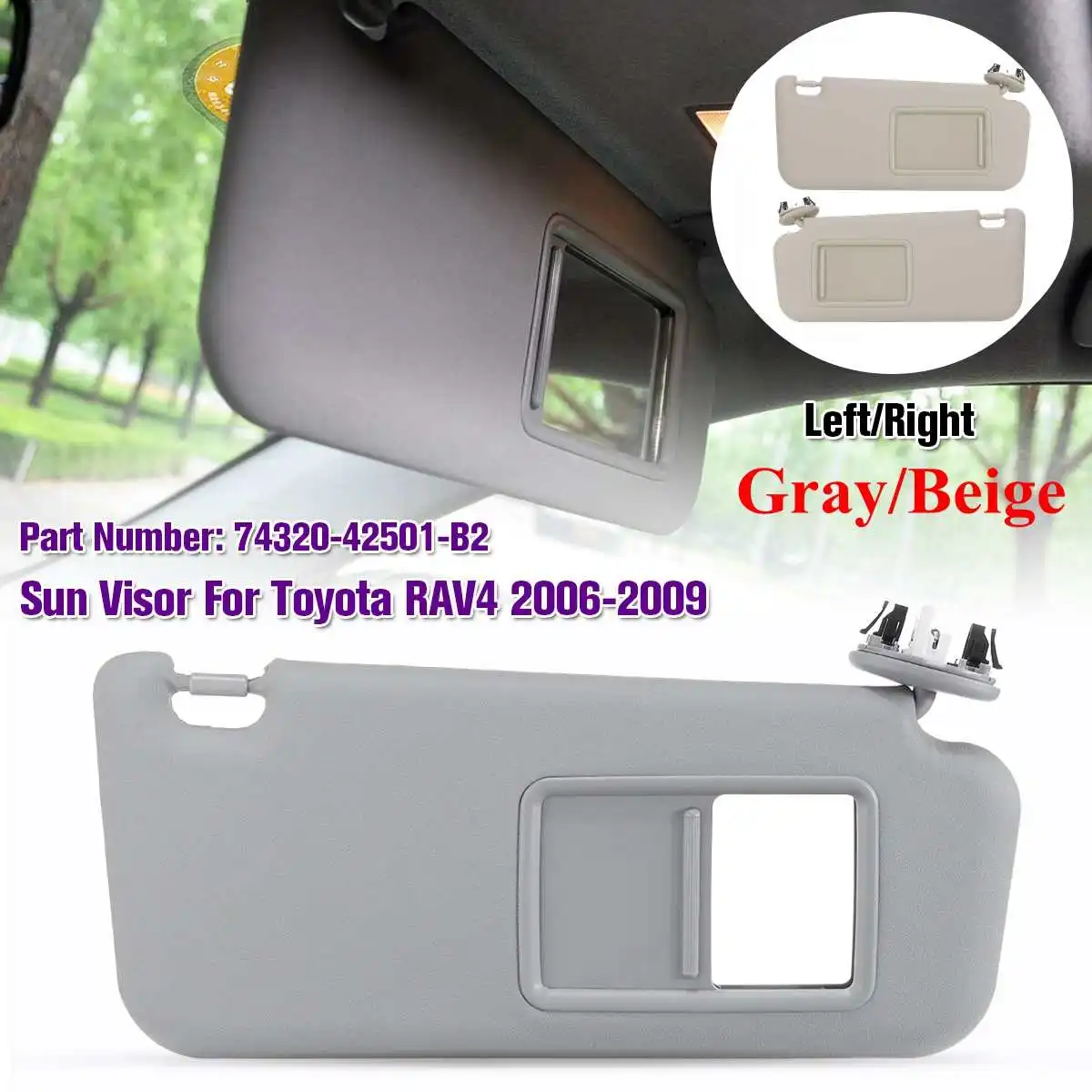 NEW 1PCS Left/Right Car accessories Gray Beige Sun Visor with Make-up Mirror and Screws For Toyota RAV4 2006-2009 74320-42501-A1