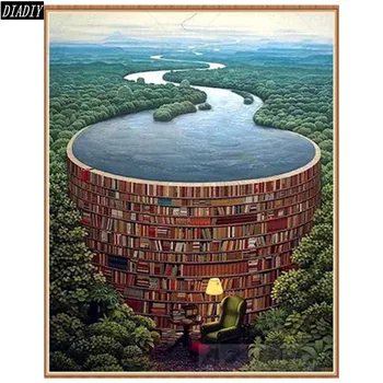 

5d diy round Diamond Embroidery Scenic Needlework Cross Stitch Resin Full Diamond Painting Landscape Forest Library