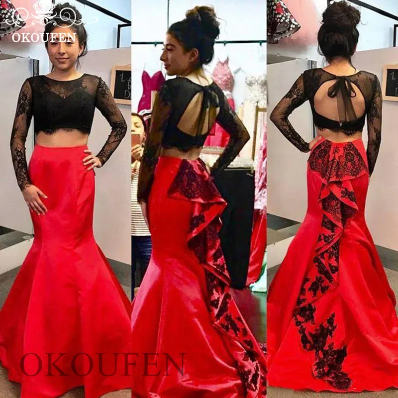Tweedelige Prom Jurken Met Lange Mouwen Mermaid 2020 Vrouwen Black Sheer Lace Top en Rode Satijnen Rok Backless Avond jurk Tweedelige Prom Jurken Met Lange Mouwen Mermaid 2020 Vrouwen Black Sheer Lace Top en Rode Satijnen Rok Backless Avond jurk