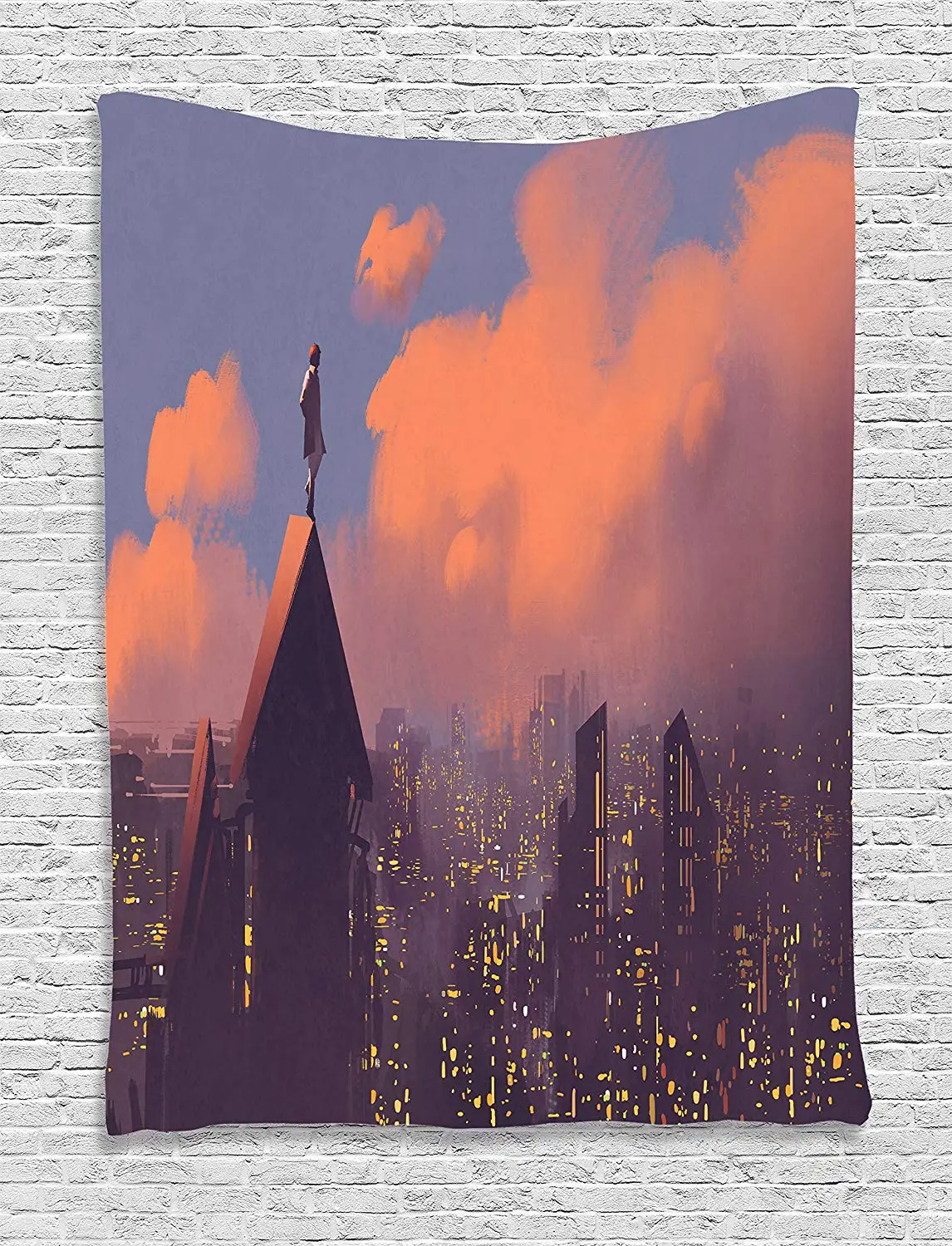 Fantasy Art House Decor Tapestry by Ambesonne Man on the Roof Watching