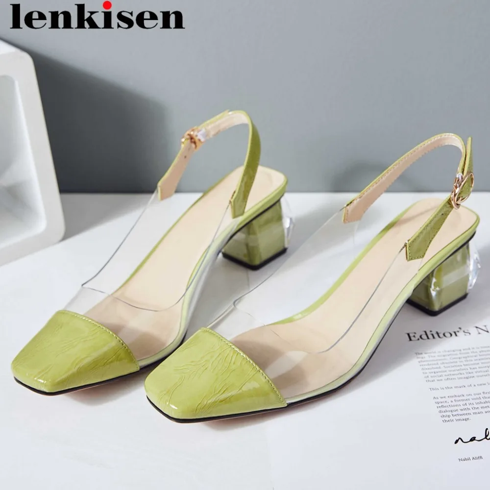 

2019 large size strange style med heels slip on square toe slingback women sandals art design natural leather pvc sandals L6f2