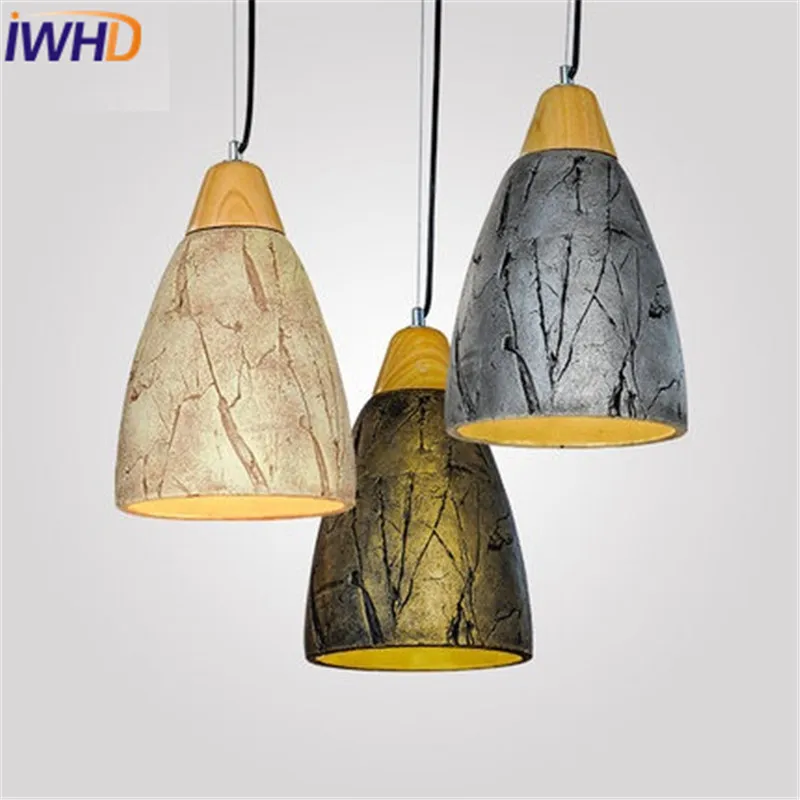 

IWHD Loft Style Wood Cement Droplight Industrial Vintage Pendant Light Fixtures Dining Room LED Hanging Lamp Indoor Lighting