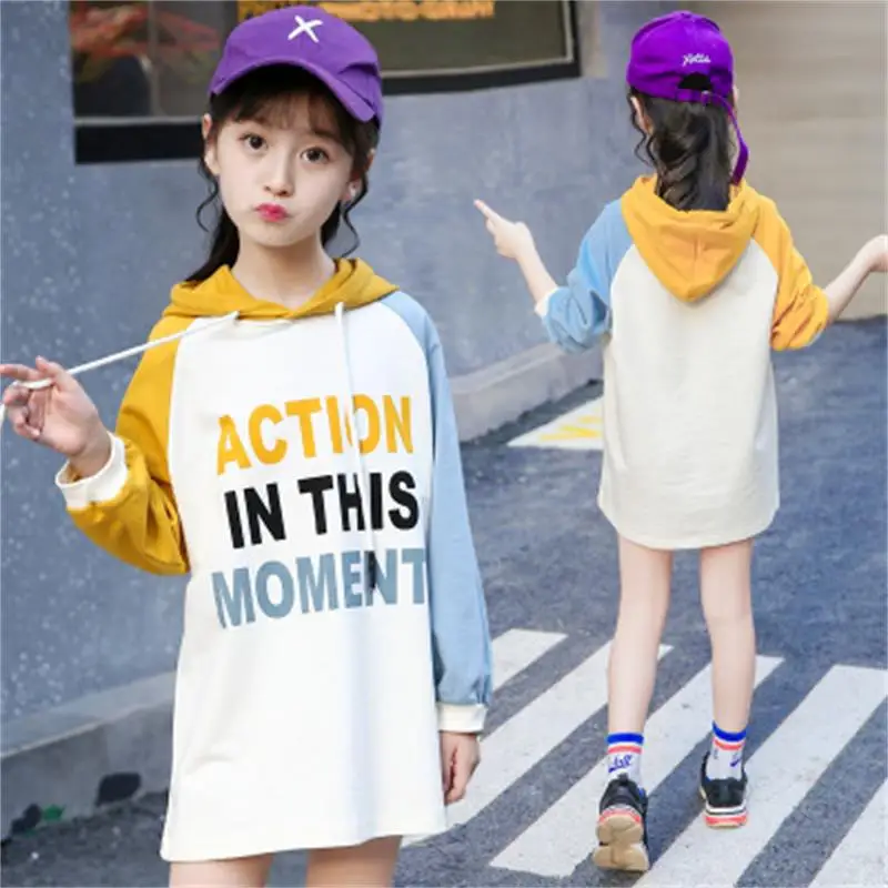 

Children's Wear 2018 Autumn New Girls Girls Big Korean Letters Colorblock Hooded Sweater Dress Cotton Dress