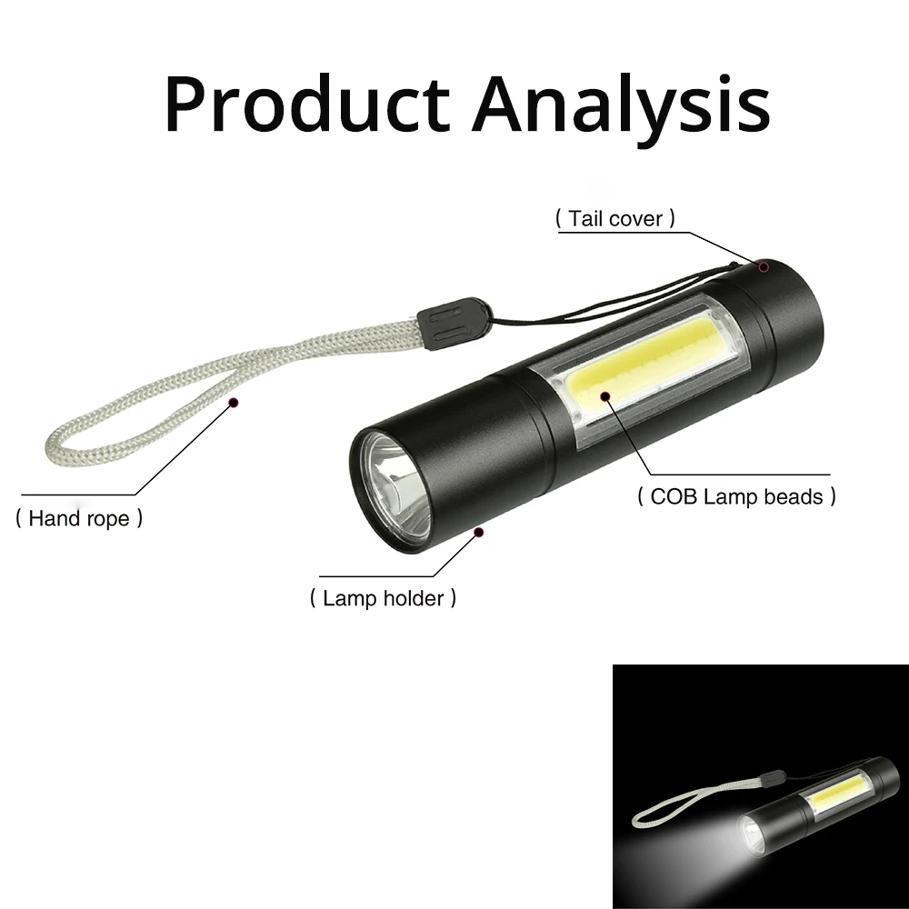 Светодиодный мини фонарик 3800 люмен встроенный Перезаряжаемый USB 14500 Q5 + COB 3 режима