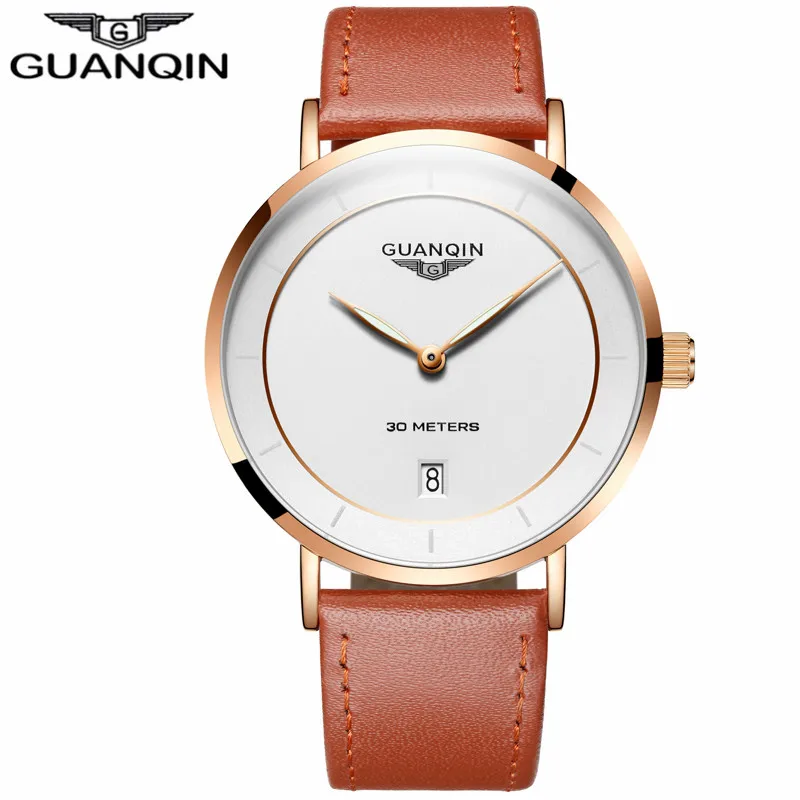 Relogio Masculino GUANQIN простой дизайн мужские s часы лучший бренд класса люкс ультра тонкие кварцевые часы мужские повседневные кожаные Наручные часы - Цвет: Light Brown