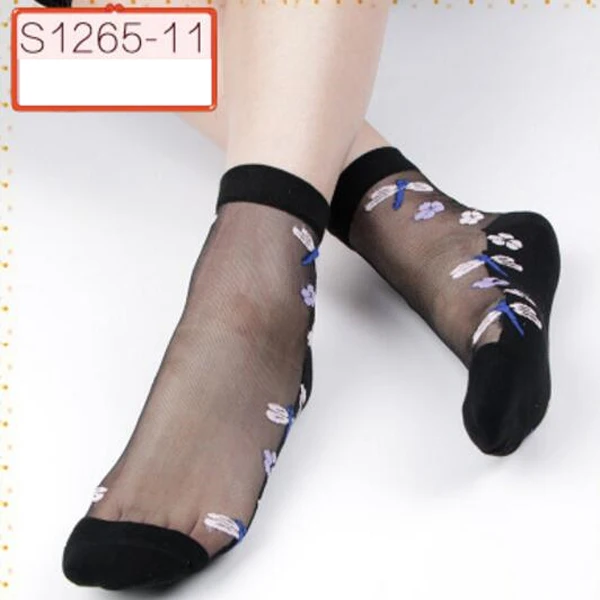 YRRETY/прозрачные носки с милым рисунком кота для женщин и девочек; летние короткие носки с забавными животными; Новое поступление года; женские носки с принтом - Цвет: Black dragonfly