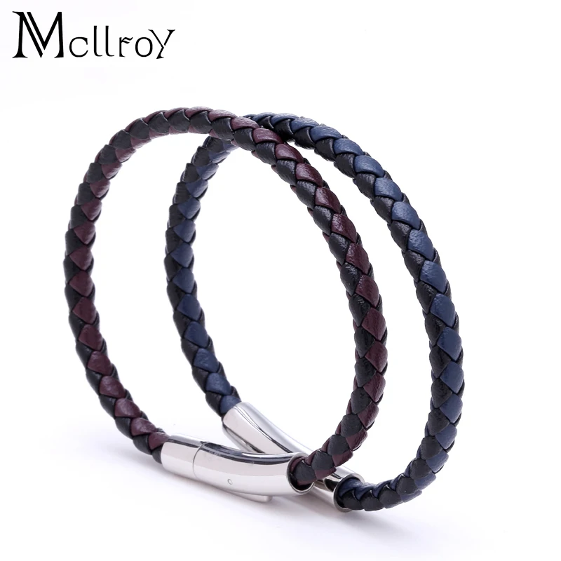 

Mcllroy 2017 Punk Titanium Stainless Steel Leather Braided Stainless Steel Magnetic Buckle Bracelet for Men Woman Mens Jewelry