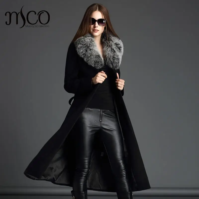 

2018 New Arrive Women Winter Slim Warm Cashmere Turn-down Collar Trench Noble Long Wool Coat with Fox Fur Collar belts Sashes