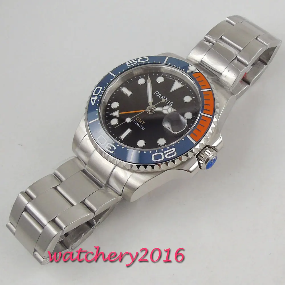  40mm parnis Black Dial Sapphire Glass GMT Rotating Ceramic Bezel Luminous marks Date Top Brand mech