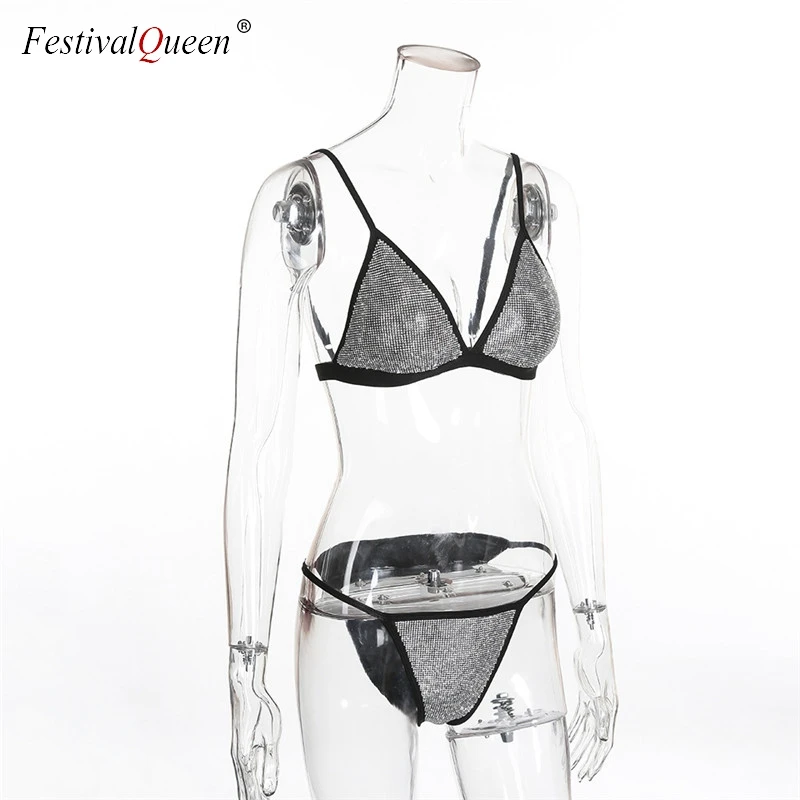 FestivalQueen, сексуальный женский комплект бикини, полностью Стразы, для женщин, с бриллиантами, купальник, пуш-ап, вечерние, для клуба, бикини, купальник