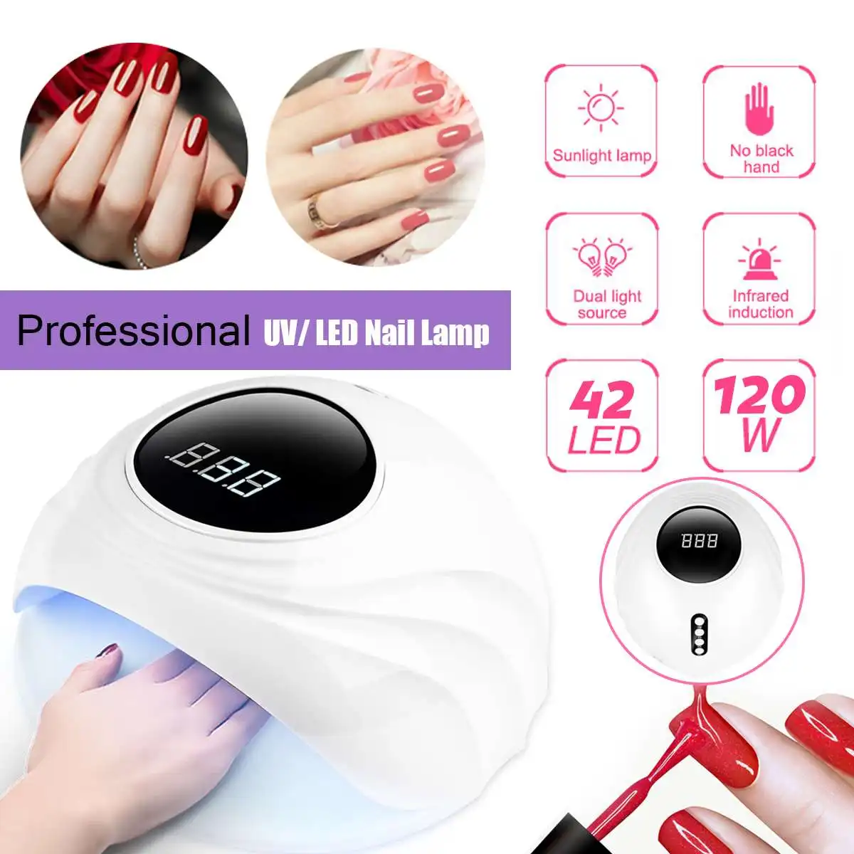 

120W Quick Infrared Sensor Pro 42 LED UV Nail Lamp Curing-Light Polish Gel Dryer Machine LCD Digital Display Fan Cooling System