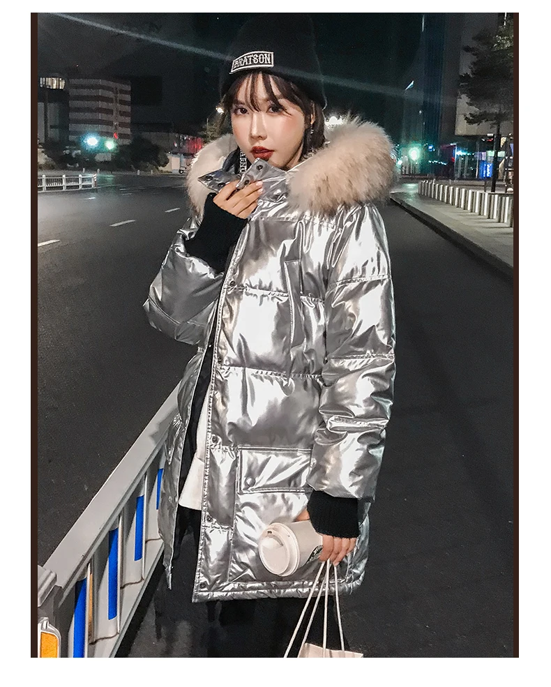 Big Raccoon Fur Collar Hooded Long Wadded Jacket Women's Winter Warm Down Jackets Large Size Loose Glossy Coats Outwear Overcoat