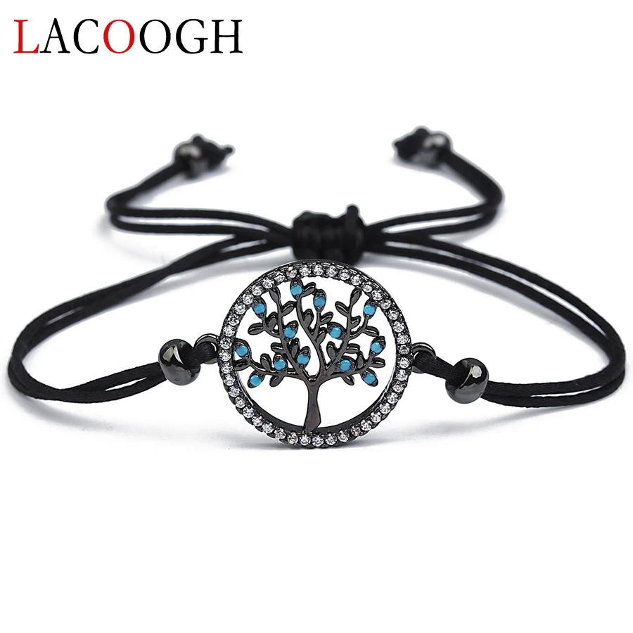 

Vintage Boho Charms Bracelets Tree of Life Gold Silver Zirconia Crystal Adjustable Black Rope String Bangles for Women Jewelry