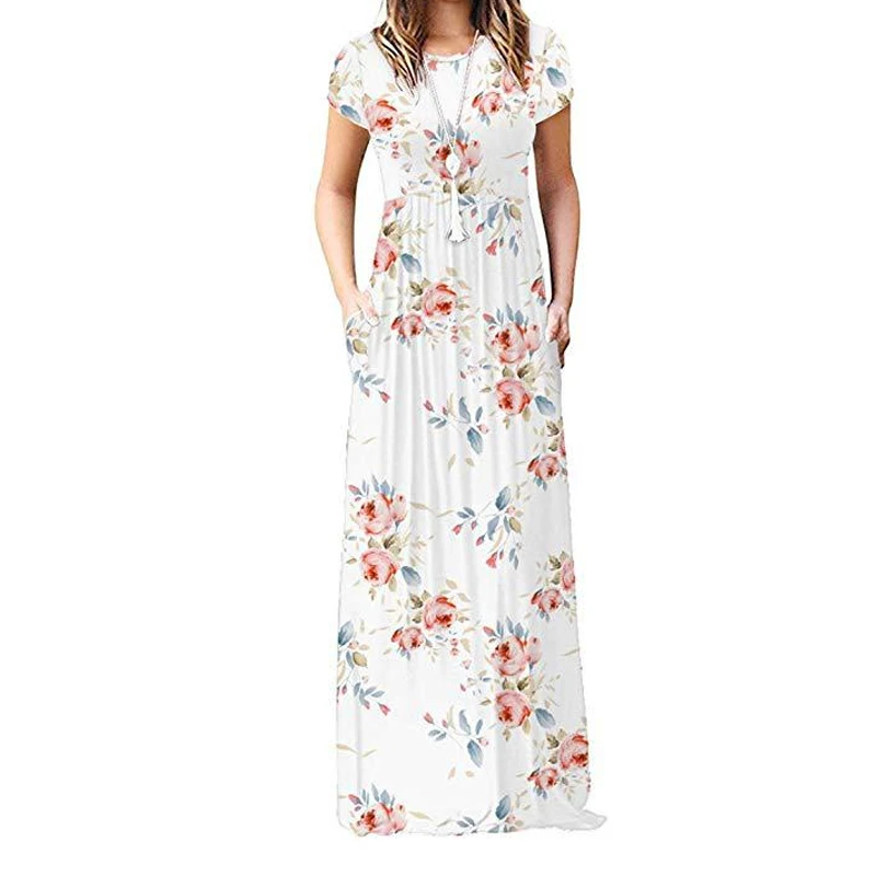 

New Boho Summer Women Dresses Femme Pockets Short Sleeve O-Neck Floral Print Maxi Long Dress Robe Beach Sundress Dress XXL GV690