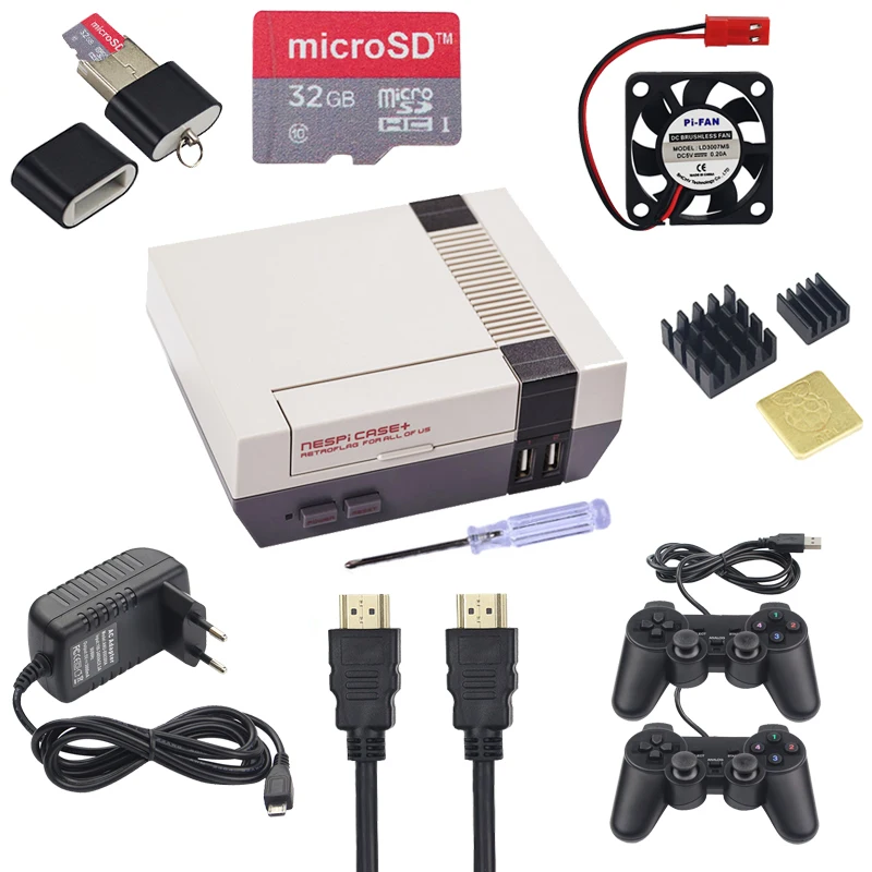 

Raspberry Pi 3 Model B+ NESPi CASE+(Plus) + 2 Gamepad + 32GB SD Card + 3A Power Adapter + Fan + Heat Sink for Retropie