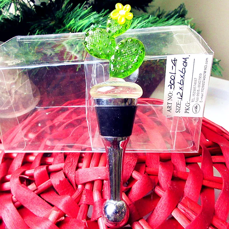 cheap Custom Wholesale Novelty Murano Glass Green cactus Shaped Wine Bottle Stopper for Holiday Valentine #039;s day Birthday Wedding Gifts