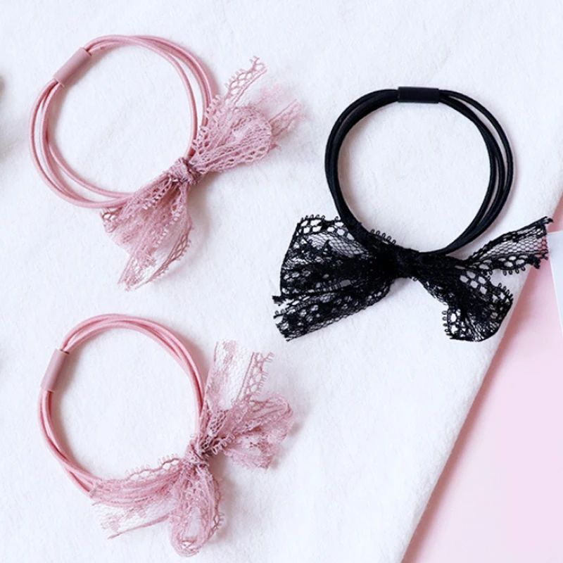

LNRRABC 1PC/1PC Korean fashion lace hair rope three-layer bow mesh manual elastic bandage ponytail girl hair accessories
