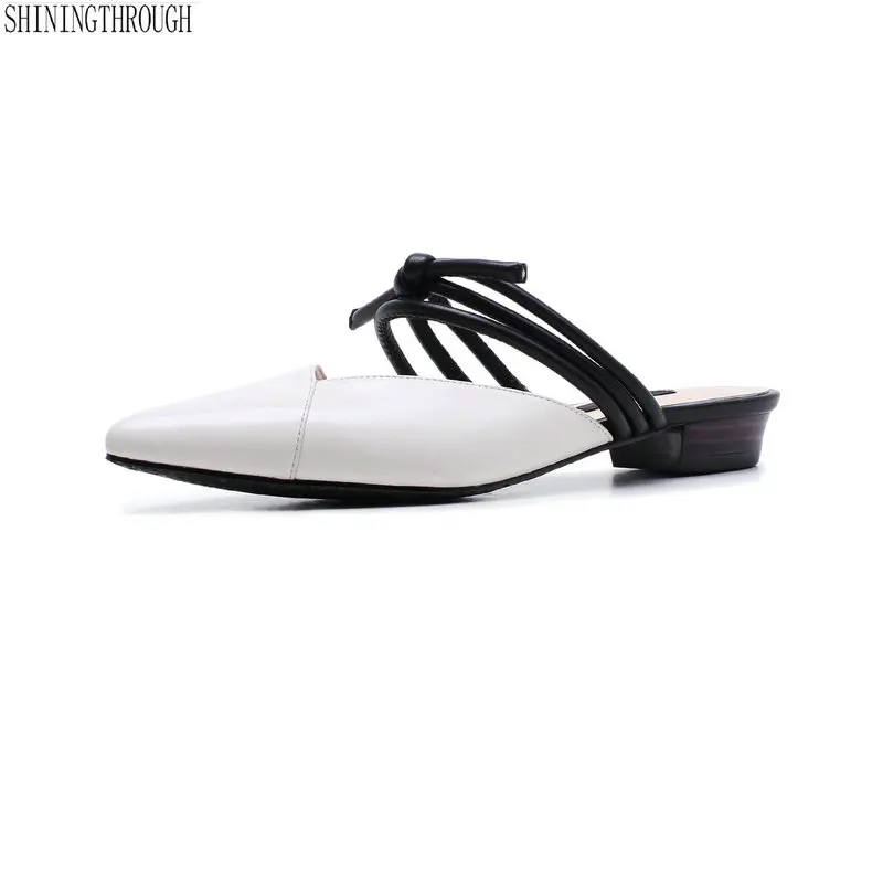 

Cow leather Women Slides Pointed Toe Summer Shoes Square Heels Slipper white green Women Shoes Mules Outdoor Zapatos Mujer