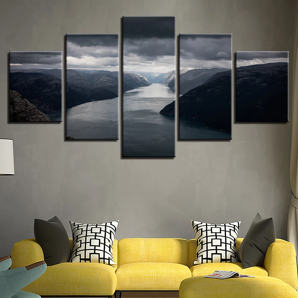 

Pictures HD Printed Decoration Living Room Wall Art Framework 5 Pieces Mountain River Dark Clouds Canvas Painting Modular Poster