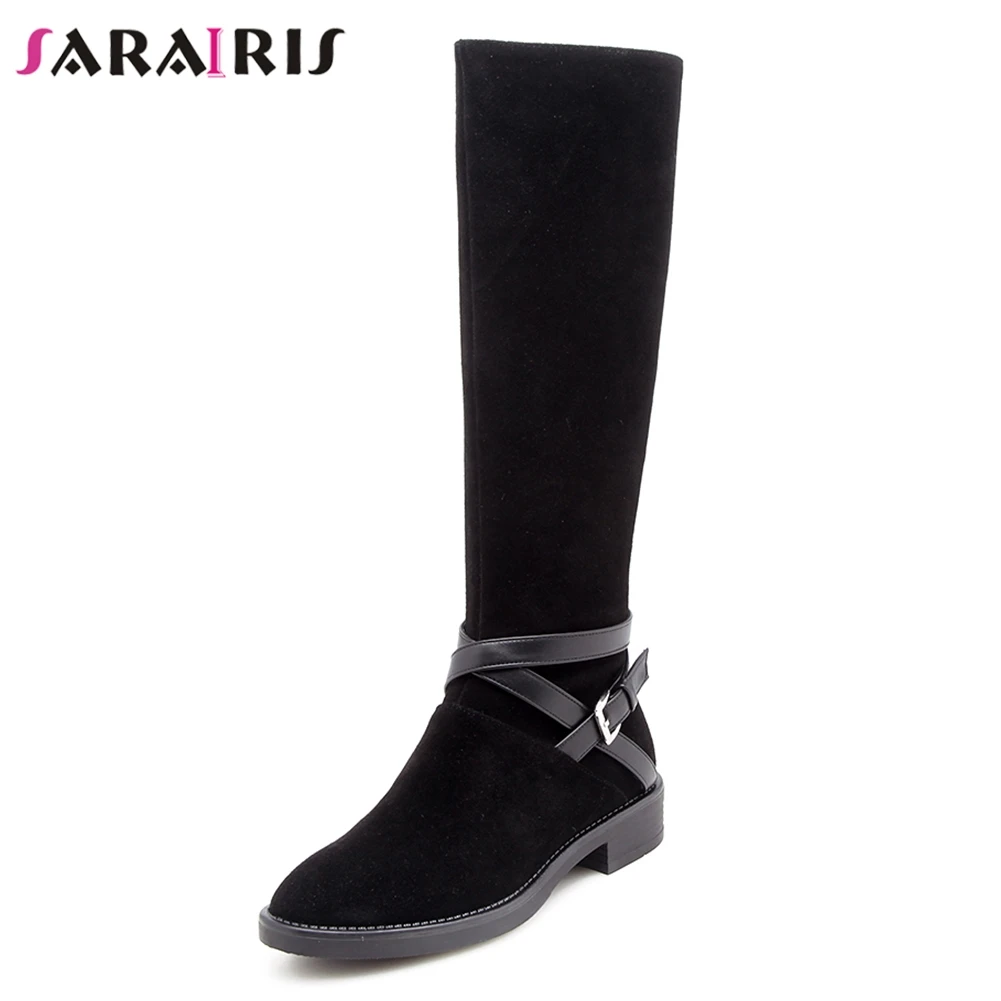 

SaraIris New Zip Solid Wide Low Heels 3cm Cow Suede Belt Buckle Shoes Woman Casual Hot Sale Autumn Mid Calf Boots Women Shoes