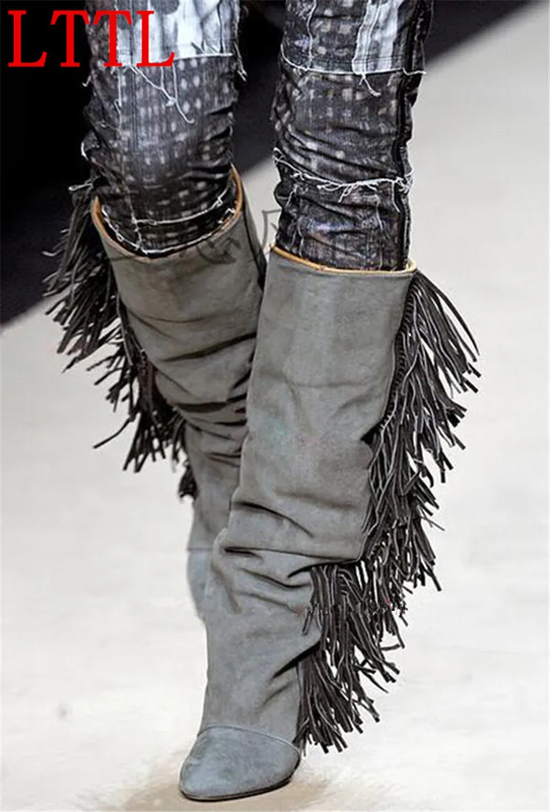 Hot Selling Leather or Suede Fringe Wedge Boots Fashion Show Tassel Shoes Woman Fall Knee High Boots Women Top Quality Boots