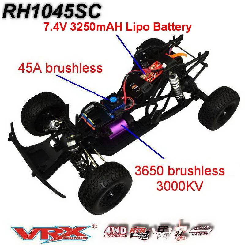 Радиоуправляемый грузовик, VRX Racing RH1045SC 1/10 масштаб 4WD электрическая короткая карта, RTR/45A ESC/3650 мотор/7,4 В Lipo батарея/2,4 ГГц