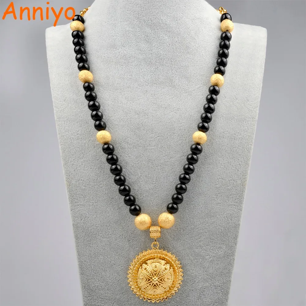 

Anniyo 75cm Ethiopian Gold Color Pendant & Rosar Beads Necklaces for Women Habesha Wedding Jewelry African Eritrean Gift #076906