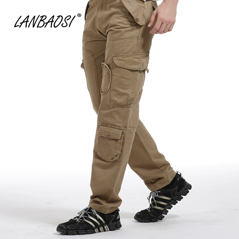 LANBAOSI стильные мужские повседневные брюки карго свободные армейские мульти-карманные тактические комбинезоны рабочая одежда брюки размера плюс